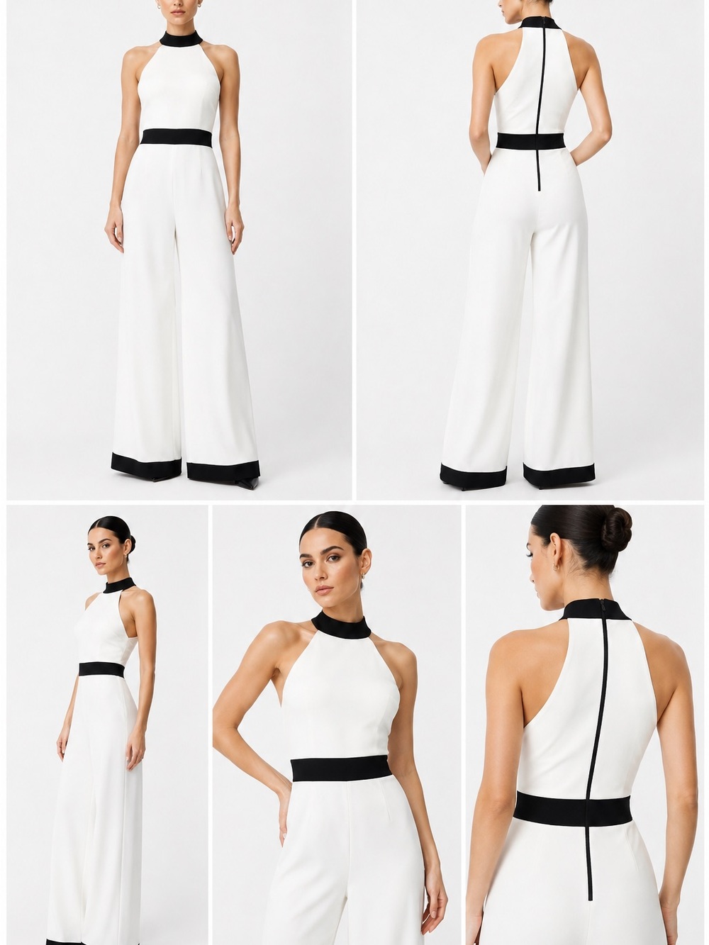 Alice + Olivia White Halter Wide-Leg Jumpsuit with Black Trim